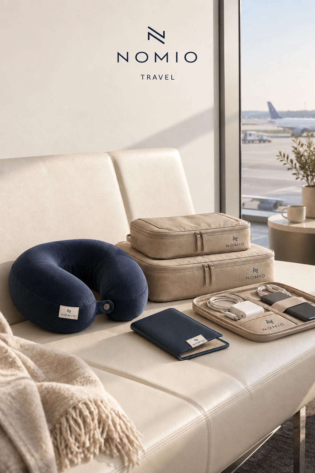 NOMIO-branded travel pillow, packing cubes, passport wallet and tech organizer